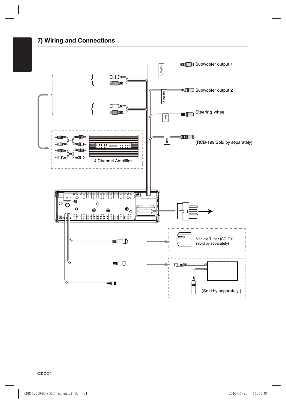 7) wiring and connections, English | Clarion CZ501 User Manual | Page 32 / 34