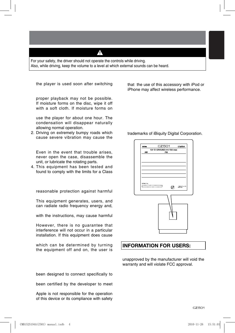 Precautions, Information for users, English | Warning | Clarion CZ501 User Manual | Page 5 / 34