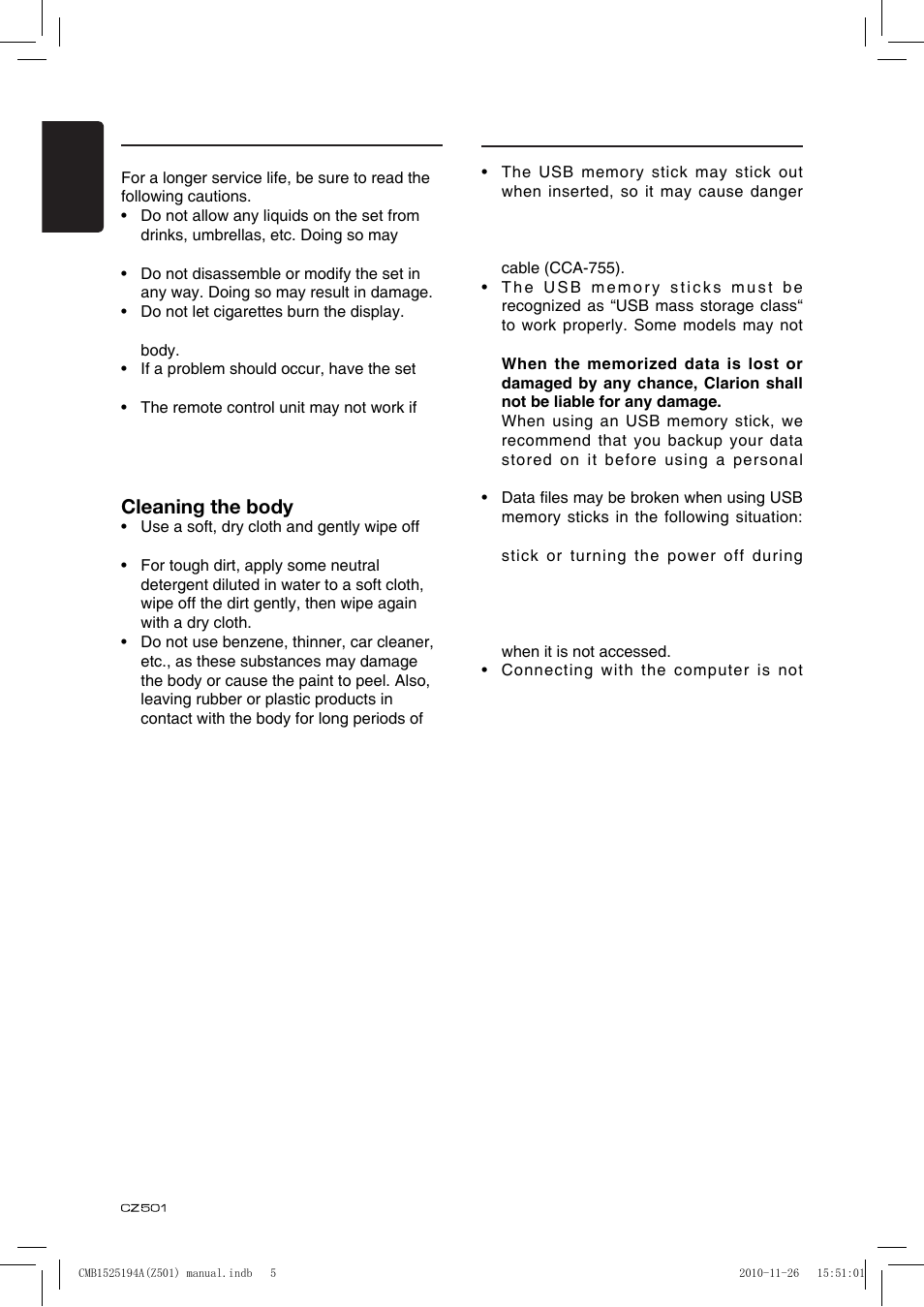 Front panel / generalities, Usb port, Cleaning the body | Clarion CZ501 User Manual | Page 6 / 34
