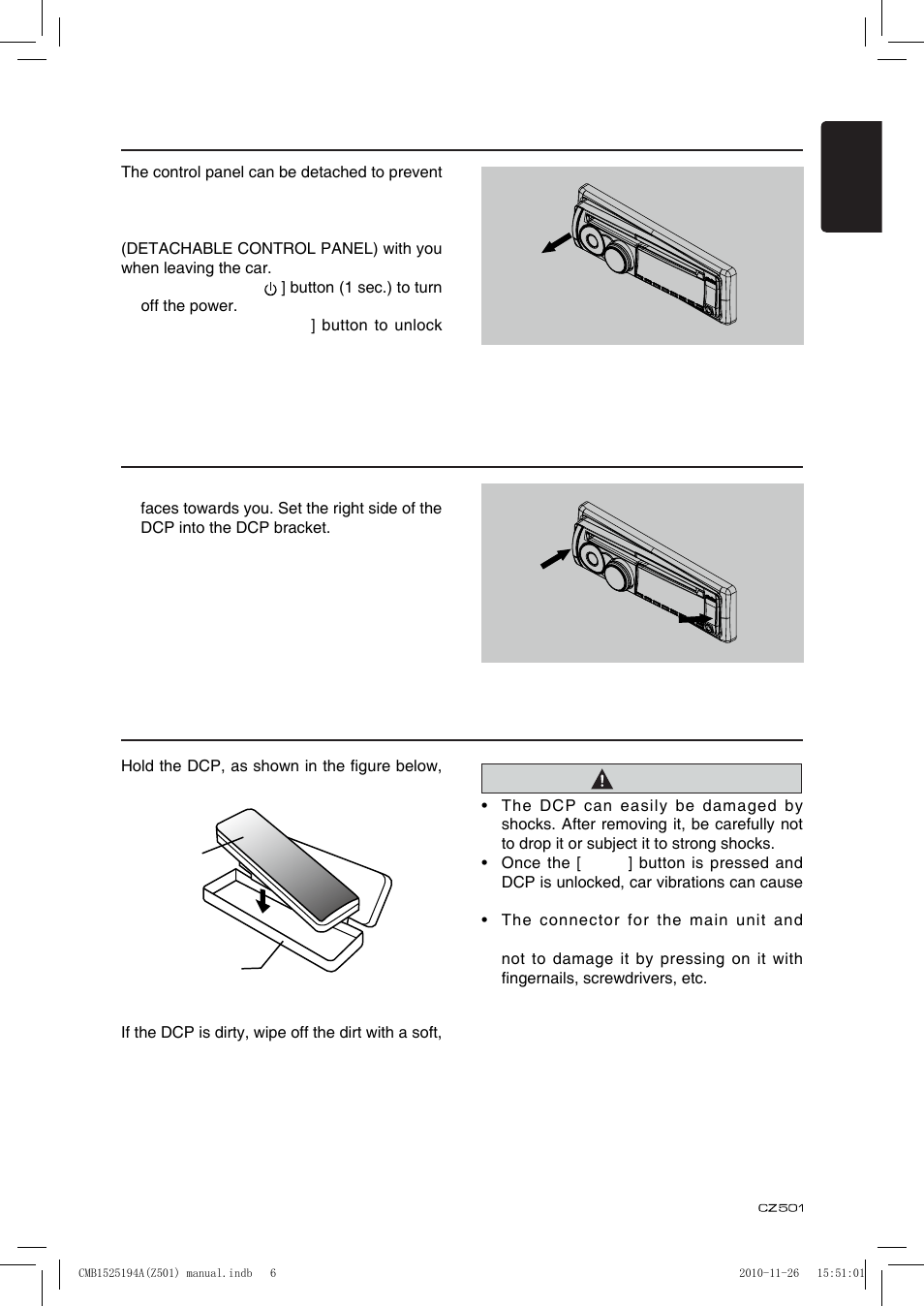 Remove the dcp, Attach the dcp, Storing the dcp in the dcp case | Clarion CZ501 User Manual | Page 7 / 34