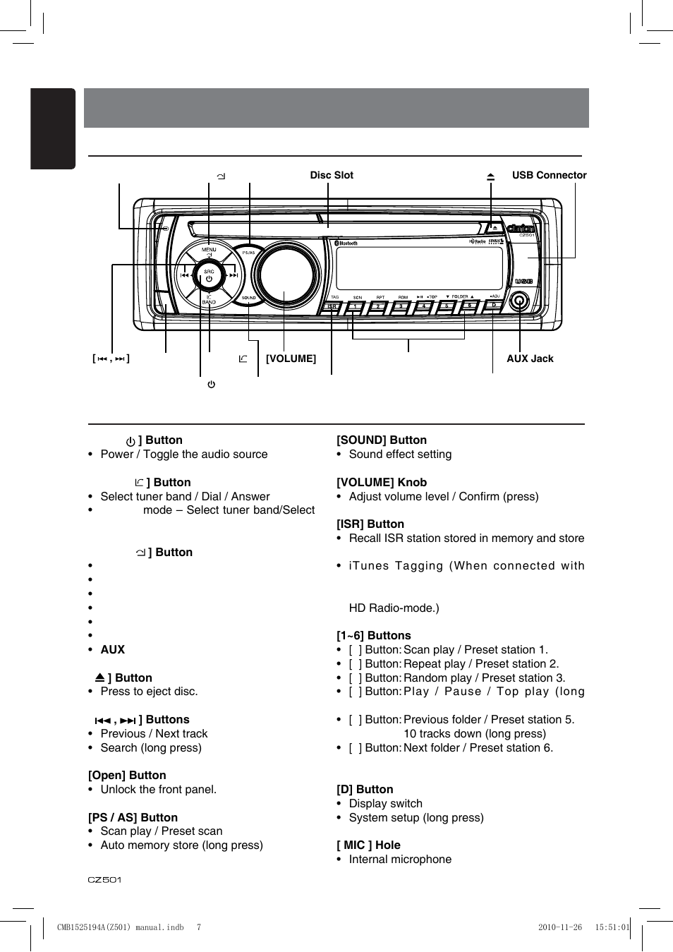 Controls, Operational panel names of buttons | Clarion CZ501 User Manual | Page 8 / 34