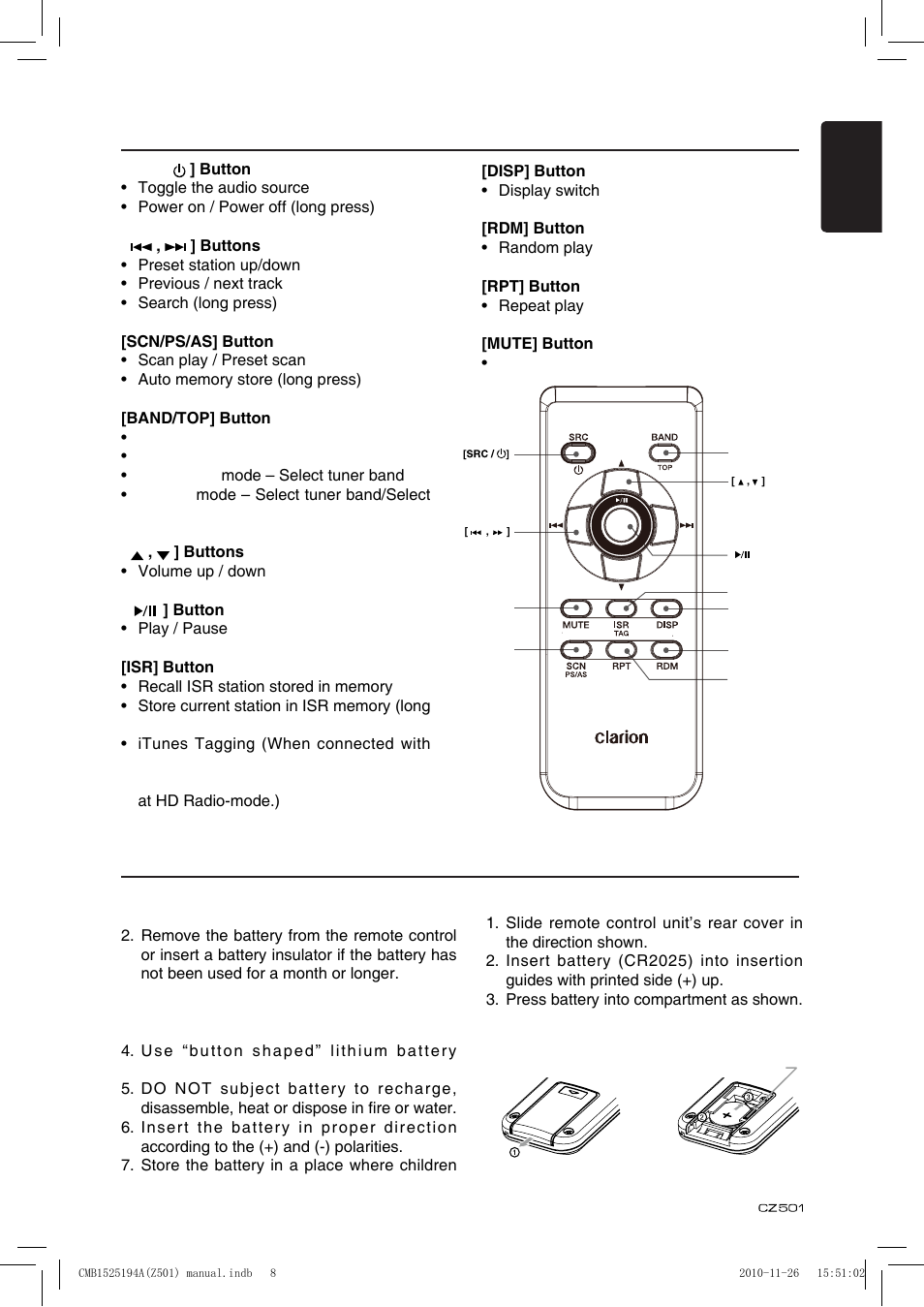 Inserting the battery | Clarion CZ501 User Manual | Page 9 / 34