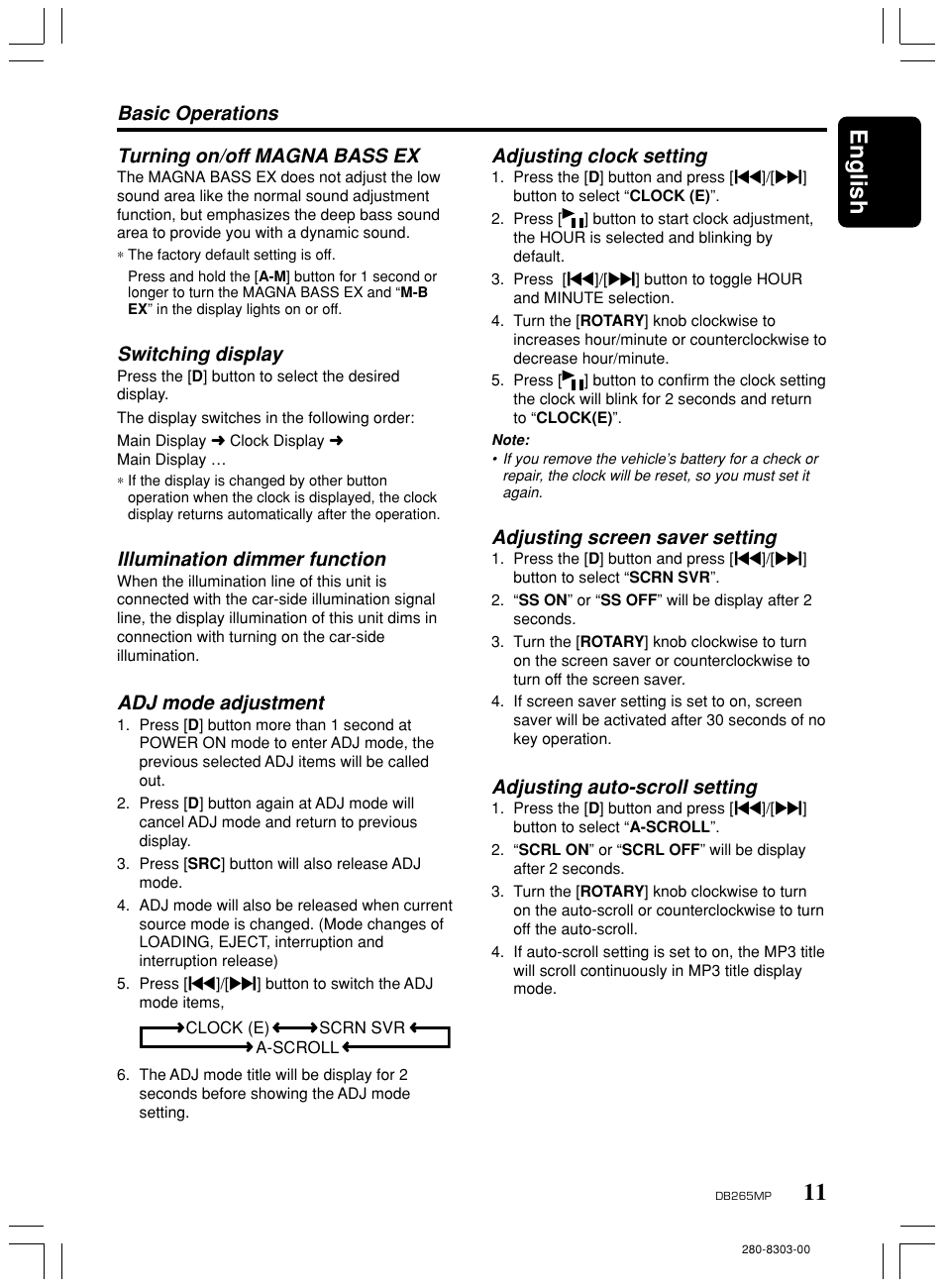 11 english, Turning on/off magna bass ex, Switching display | Illumination dimmer function, Adj mode adjustment, Basic operations adjusting clock setting, Adjusting screen saver setting, Adjusting auto-scroll setting | Clarion DB265MP User Manual | Page 10 / 18