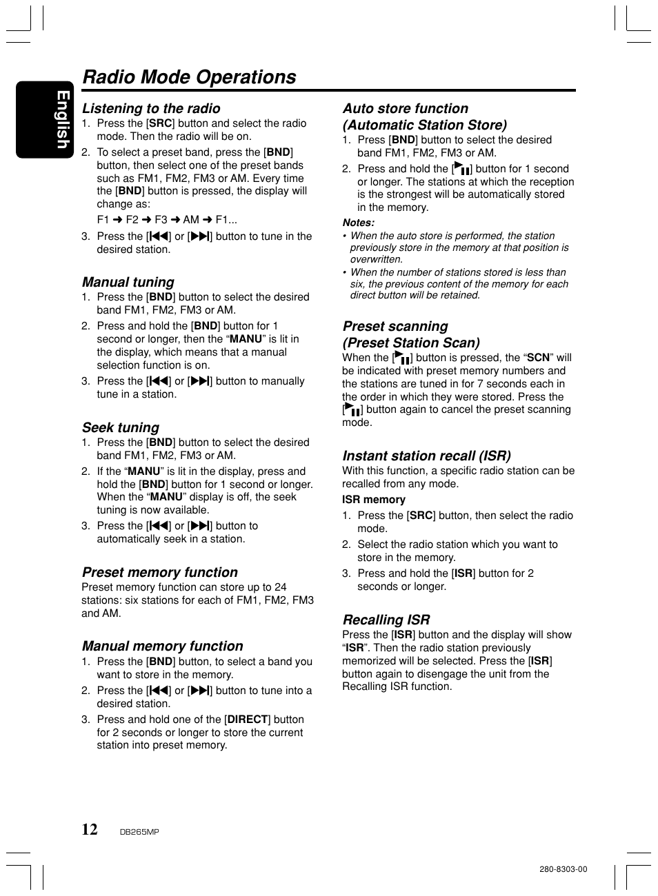 Radio mode operations, English, Auto store function (automatic station store) | Preset scanning (preset station scan), Instant station recall (isr), Recalling isr, Listening to the radio, Manual tuning, Seek tuning | Clarion DB265MP User Manual | Page 11 / 18