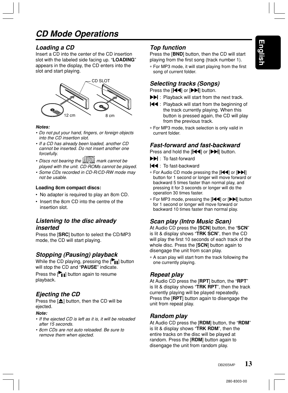 Cd mode operations, 13 english, Loading a cd | Listening to the disc already inserted, Stopping (pausing) playback, Ejecting the cd, Top function, Selecting tracks (songs), Fast-forward and fast-backward, Scan play (intro music scan) | Clarion DB265MP User Manual | Page 12 / 18