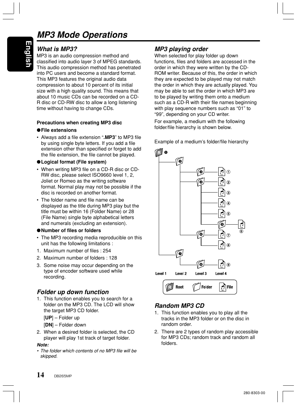 Mp3 mode operations, English, Mp3 playing order | Random mp3 cd, What is mp3, Folder up down function | Clarion DB265MP User Manual | Page 13 / 18