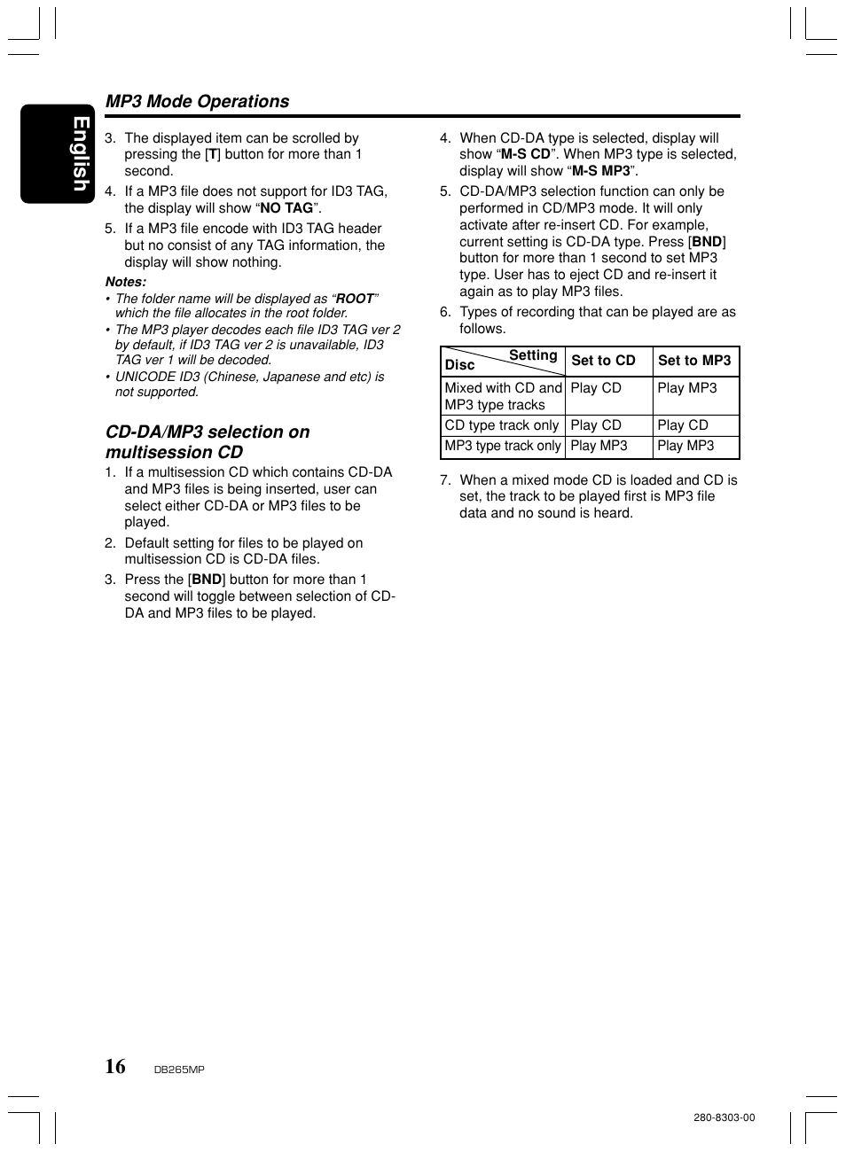 English, Mp3 mode operations, Cd-da/mp3 selection on multisession cd | Clarion DB265MP User Manual | Page 15 / 18
