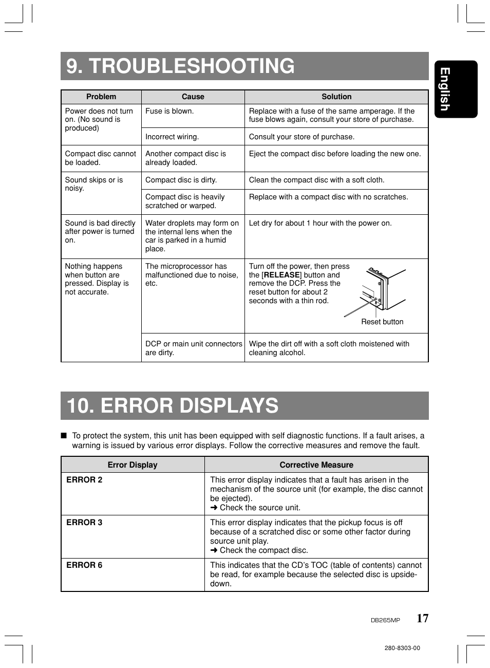 Troubleshooting, Error displays, 17 english | Clarion DB265MP User Manual | Page 16 / 18