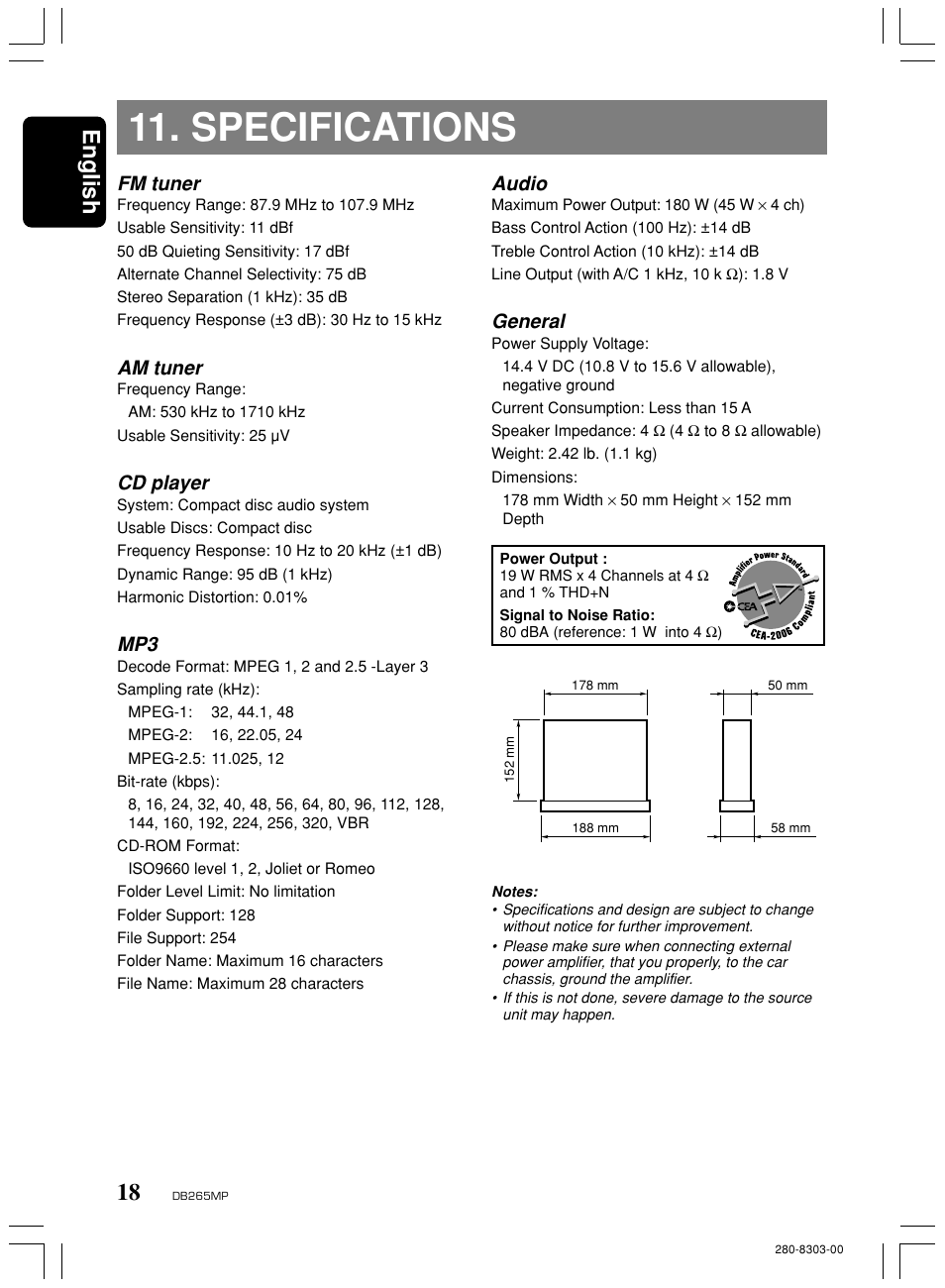 Specifications, English, Fm tuner | Am tuner, Cd player, Audio, General | Clarion DB265MP User Manual | Page 17 / 18