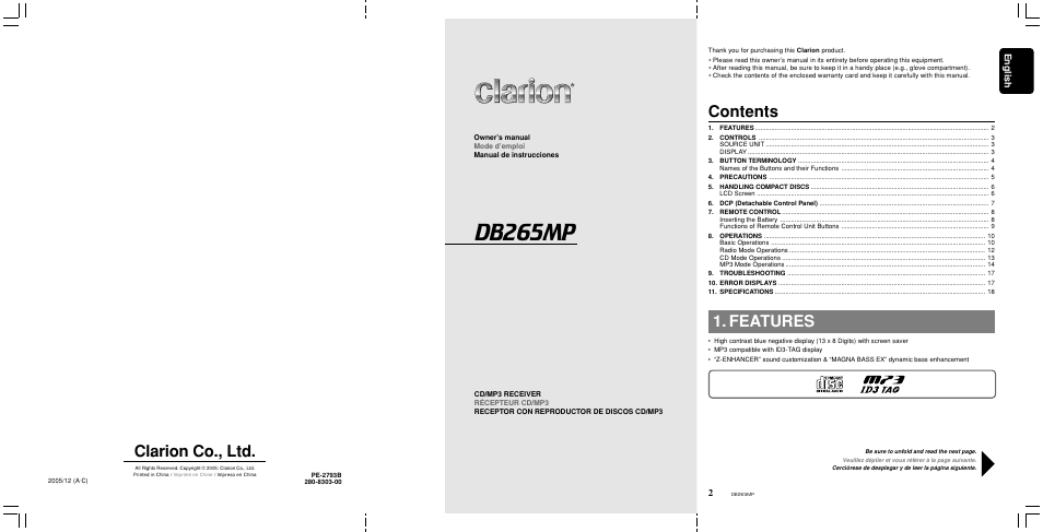 Clarion DB265MP User Manual | Page 2 / 18