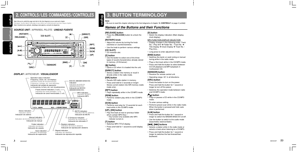 Controls, Button terminology, Names of the buttons and their functions | English fran ç ais espa ñ ol english | Clarion DB265MP User Manual | Page 3 / 18