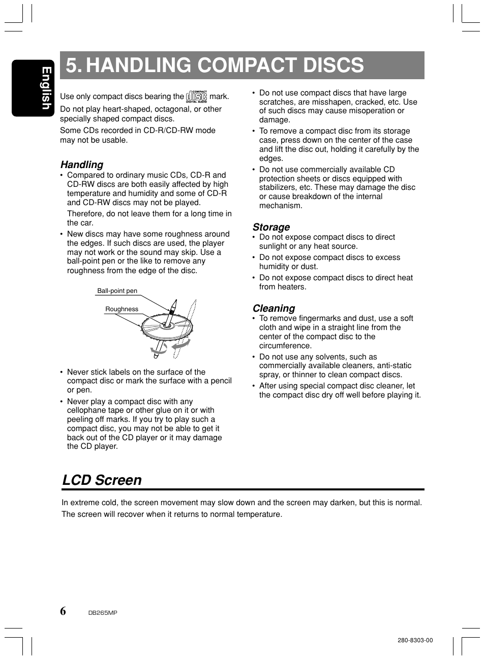 Handling compact discs, Lcd screen, English | Handling, Storage, Cleaning | Clarion DB265MP User Manual | Page 5 / 18