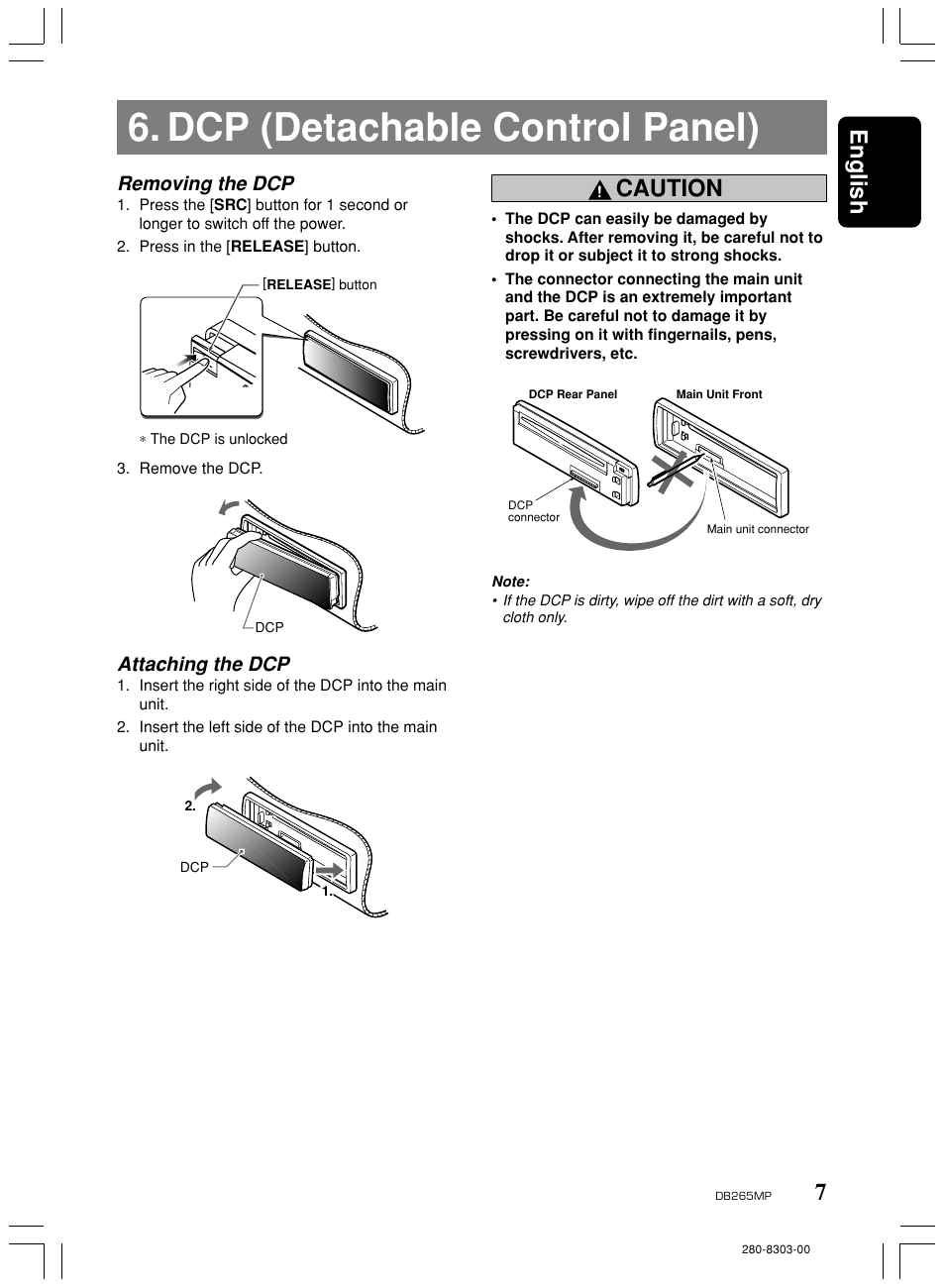 Dcp (detachable control panel), 7english, Caution | Removing the dcp, Attaching the dcp | Clarion DB265MP User Manual | Page 6 / 18