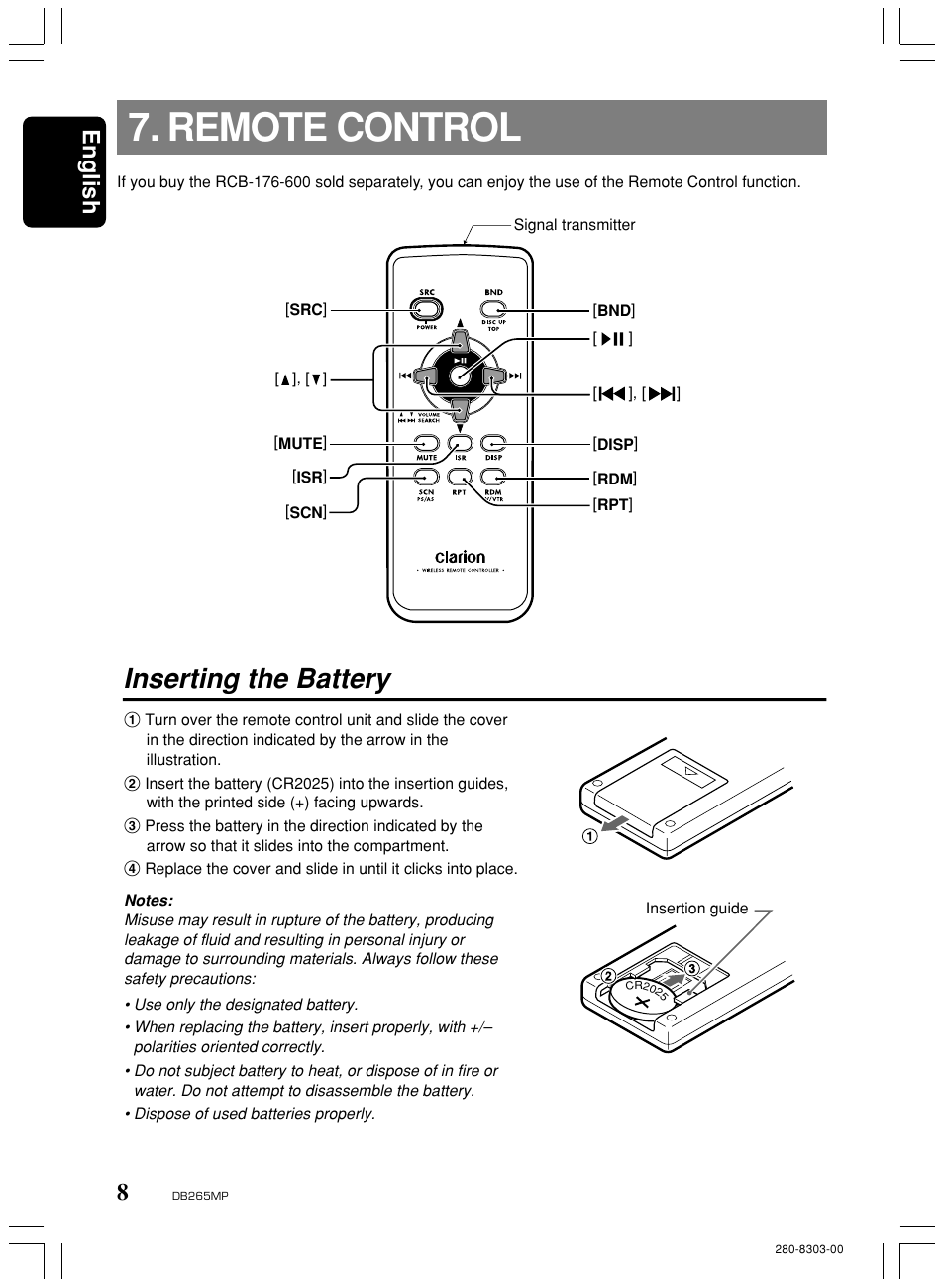 Remote control, Inserting the battery, English | Clarion DB265MP User Manual | Page 7 / 18