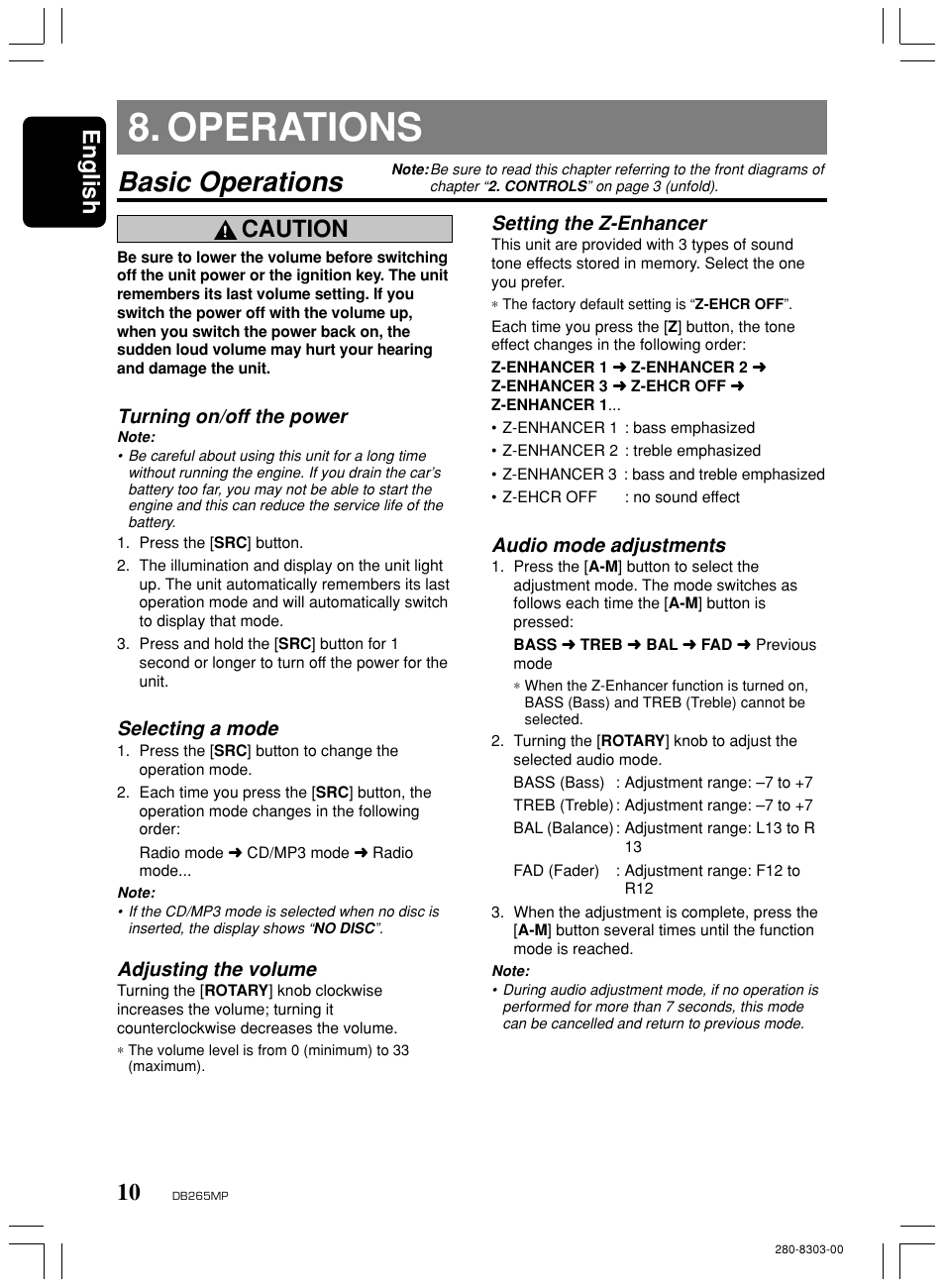 Operations, Basic operations, English | Caution, Turning on/off the power, Selecting a mode, Adjusting the volume, Setting the z-enhancer, Audio mode adjustments | Clarion DB265MP User Manual | Page 9 / 18