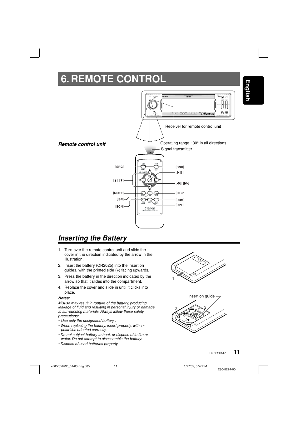 Remote control, Inserting the battery, English | Remote control unit | Clarion DXZ856MP User Manual | Page 11 / 46