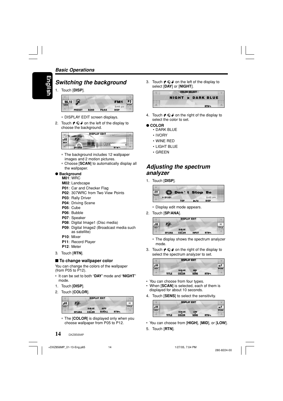 English 14, Adjusting the spectrum analyzer, Switching the background | Basic operations | Clarion DXZ856MP User Manual | Page 14 / 46