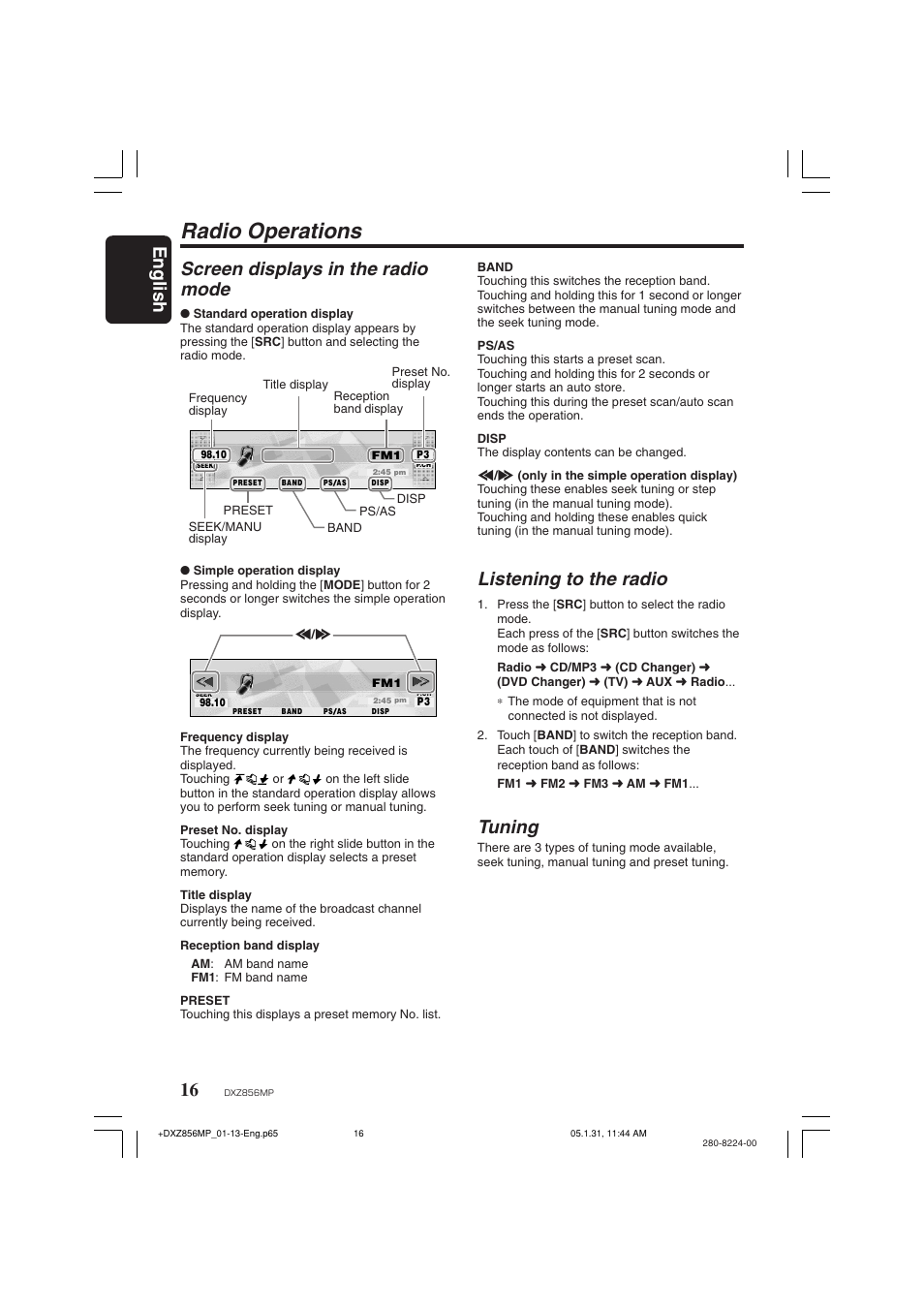 Radio operations, English 16, Screen displays in the radio mode | Listening to the radio, Tuning | Clarion DXZ856MP User Manual | Page 16 / 46