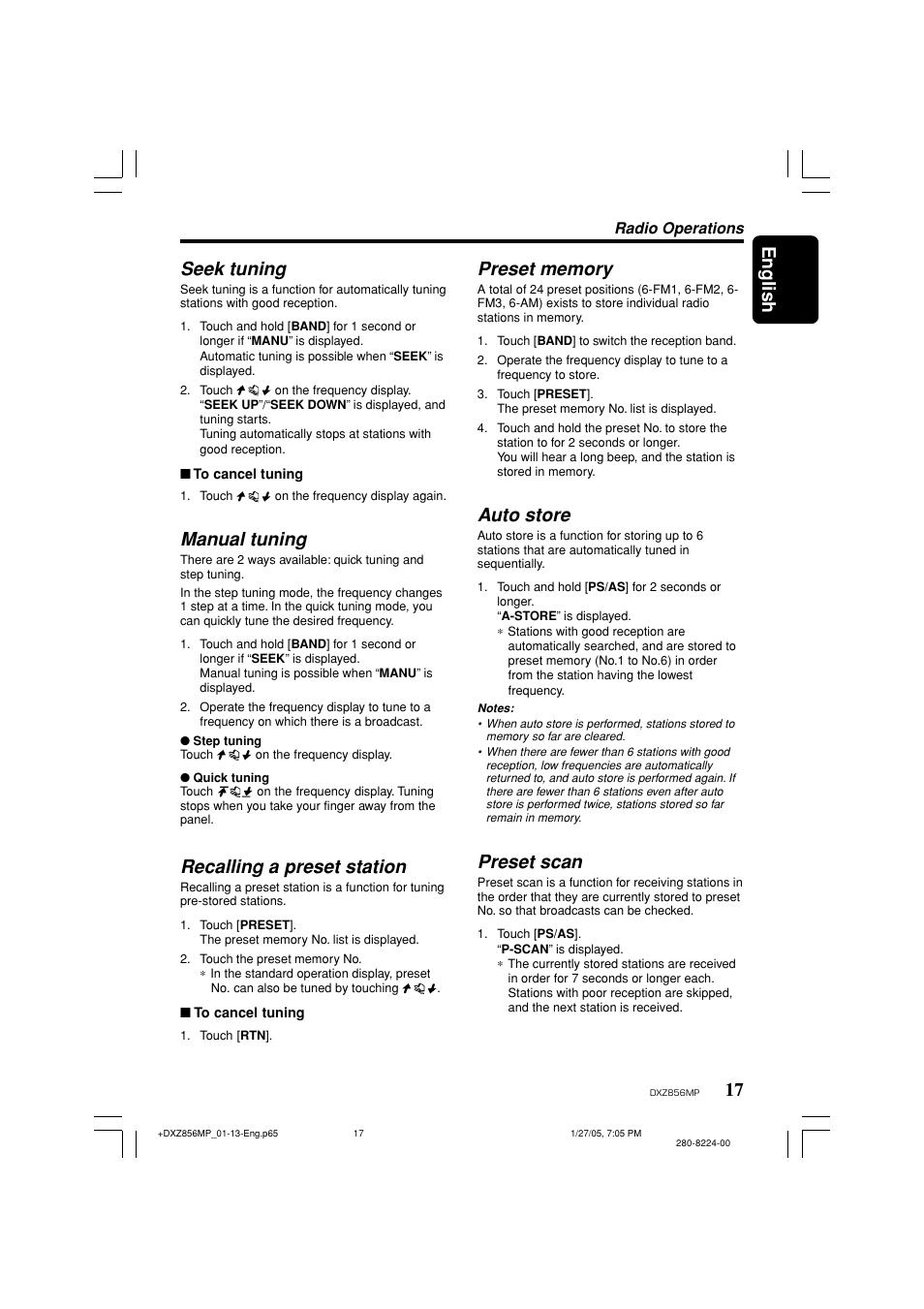 English, 17 seek tuning, Manual tuning | Recalling a preset station, Auto store, Preset scan | Clarion DXZ856MP User Manual | Page 17 / 46