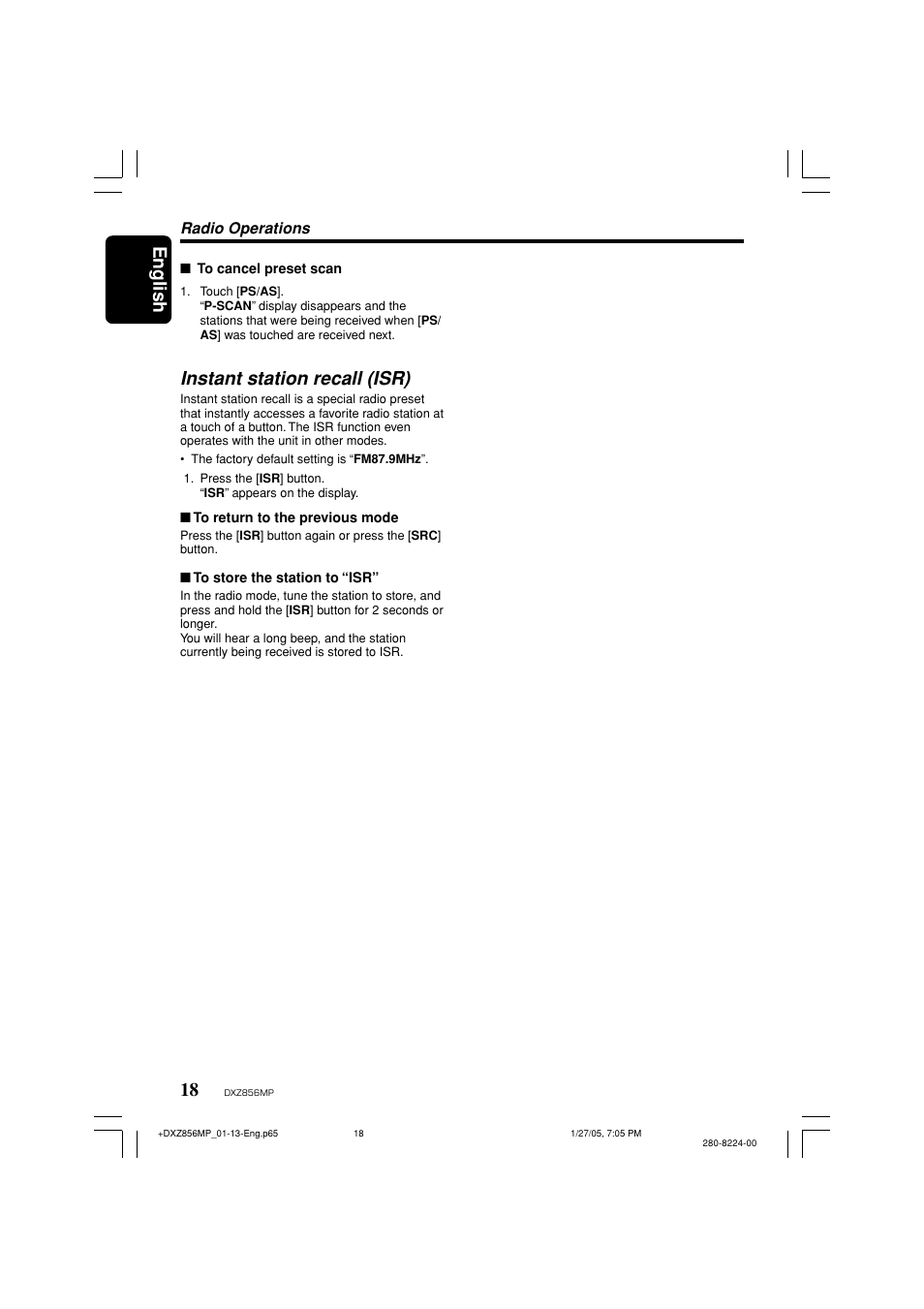 English 18, Instant station recall (isr) | Clarion DXZ856MP User Manual | Page 18 / 46