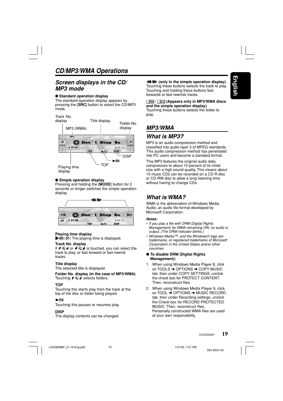 Cd/mp3/wma operations, English, Screen displays in the cd/ mp3 mode | Mp3/wma what is mp3, What is wma | Clarion DXZ856MP User Manual | Page 19 / 46