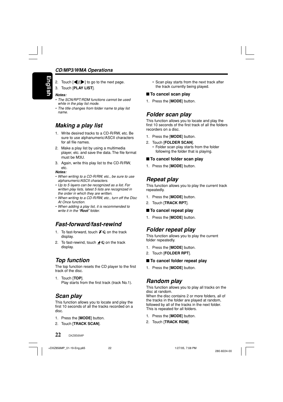 English 22, Making a play list, Fast-forward/fast-rewind | Top function, Scan play, Folder scan play, Repeat play, Folder repeat play, Random play | Clarion DXZ856MP User Manual | Page 22 / 46