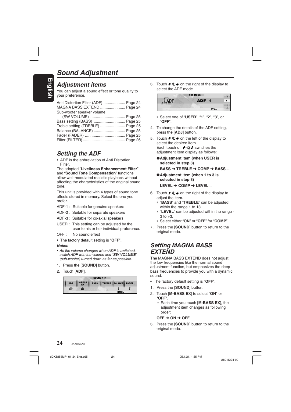 Sound adjustment, English 24, Adjustment items | Setting the adf, Setting magna bass extend | Clarion DXZ856MP User Manual | Page 24 / 46