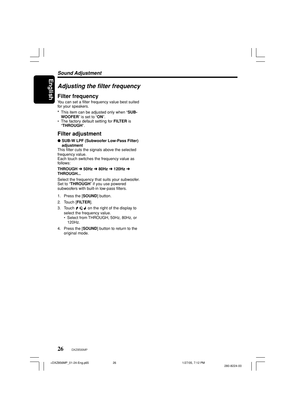 English 26, Adjusting the filter frequency, Filter frequency | Filter adjustment | Clarion DXZ856MP User Manual | Page 26 / 46