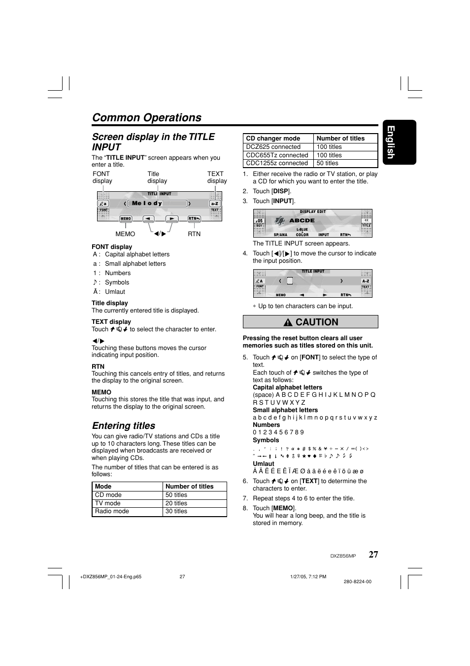 Common operations, English, Screen display in the title input | Entering titles, Caution | Clarion DXZ856MP User Manual | Page 27 / 46