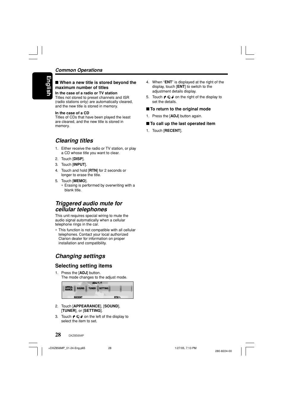 English 28, Clearing titles, Triggered audio mute for cellular telephones | Changing settings, Selecting setting items, Common operations | Clarion DXZ856MP User Manual | Page 28 / 46