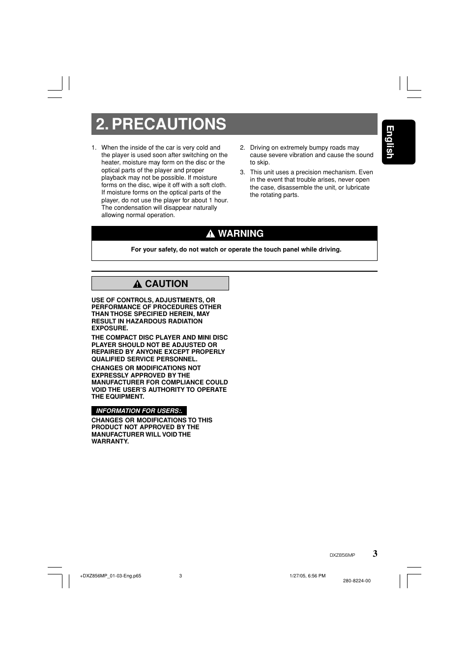 Precautions, 3english, Warning | Caution | Clarion DXZ856MP User Manual | Page 3 / 46