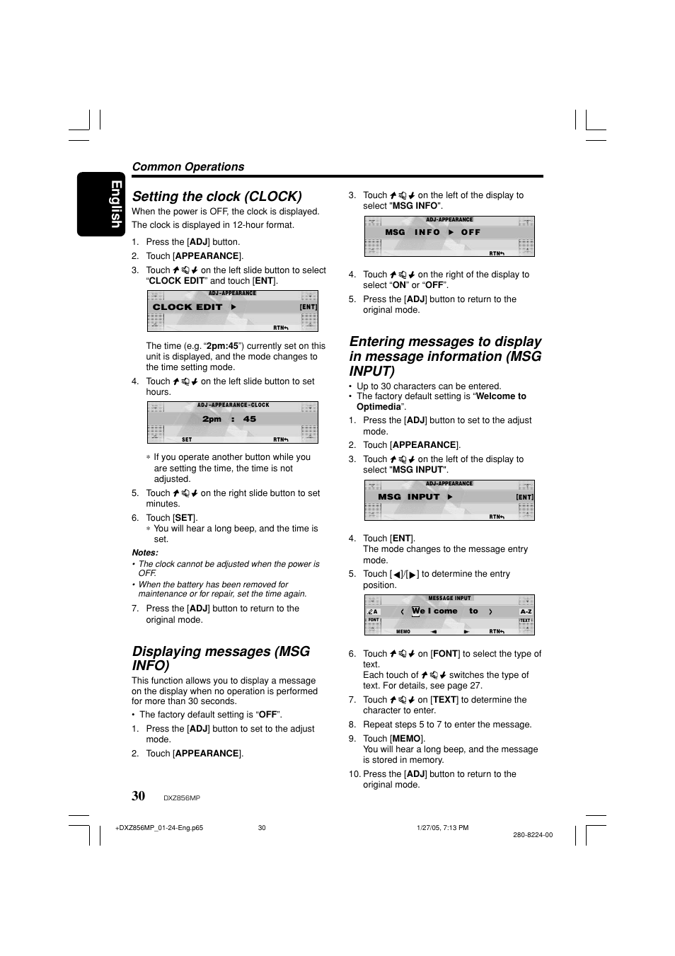 English 30, Setting the clock (clock), Displaying messages (msg info) | Common operations | Clarion DXZ856MP User Manual | Page 30 / 46