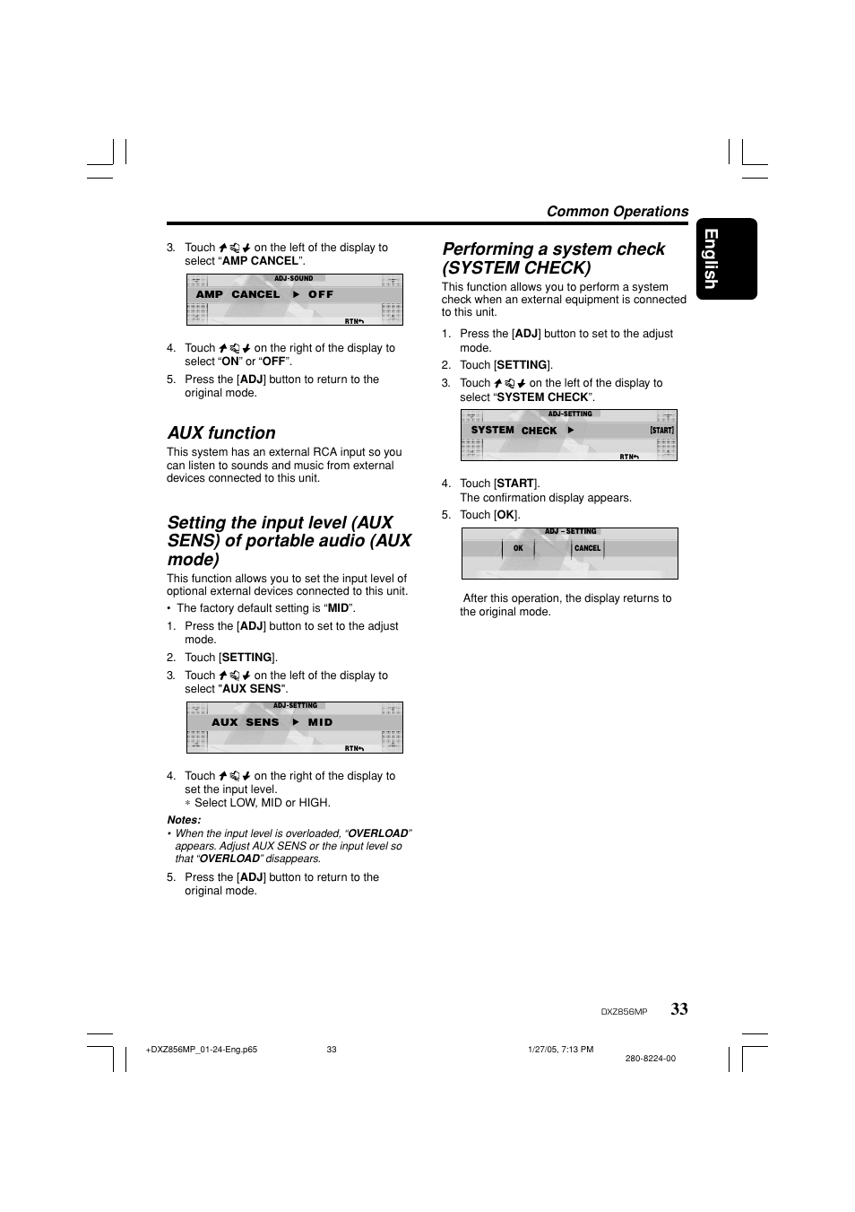 English, Aux function, Performing a system check (system check) | Common operations | Clarion DXZ856MP User Manual | Page 33 / 46