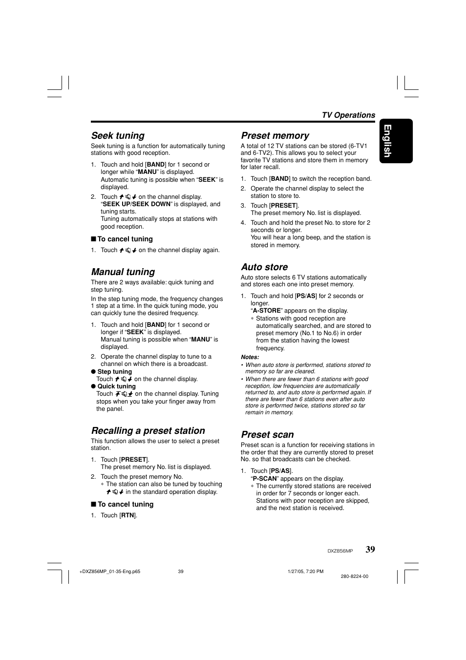 English, 39 seek tuning, Manual tuning | Recalling a preset station, Auto store, Preset scan | Clarion DXZ856MP User Manual | Page 39 / 46