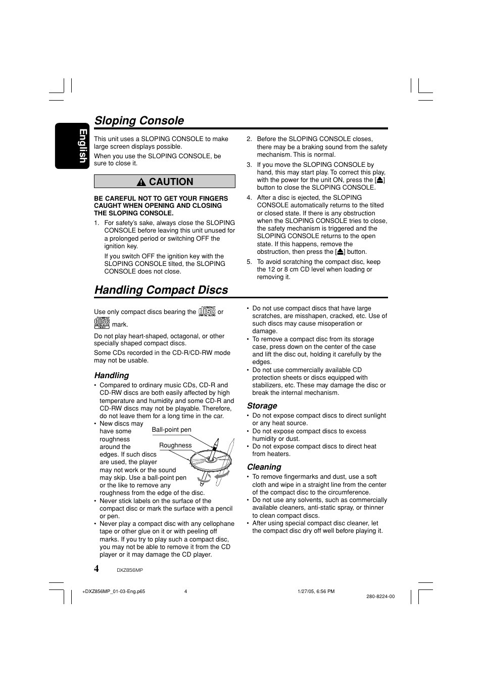 Sloping console, Handling compact discs, English | Caution, Handling, Storage, Cleaning | Clarion DXZ856MP User Manual | Page 4 / 46