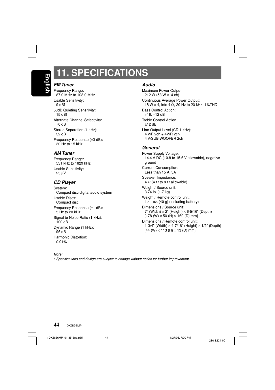 Specifications, English 44, Audio | General, Fm tuner, Am tuner, Cd player | Clarion DXZ856MP User Manual | Page 44 / 46