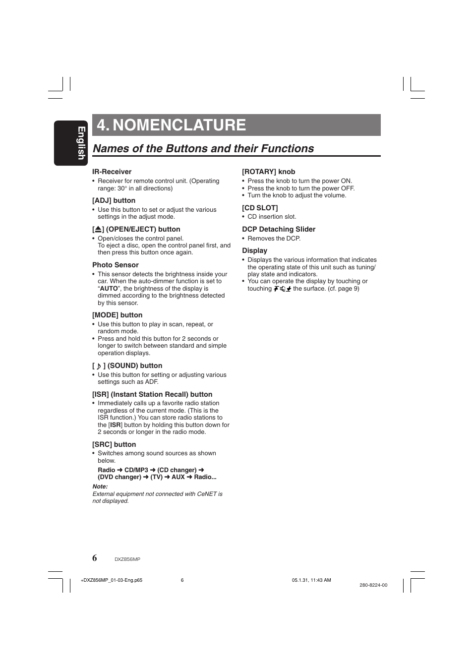 Nomenclature, Names of the buttons and their functions, English | Clarion DXZ856MP User Manual | Page 6 / 46
