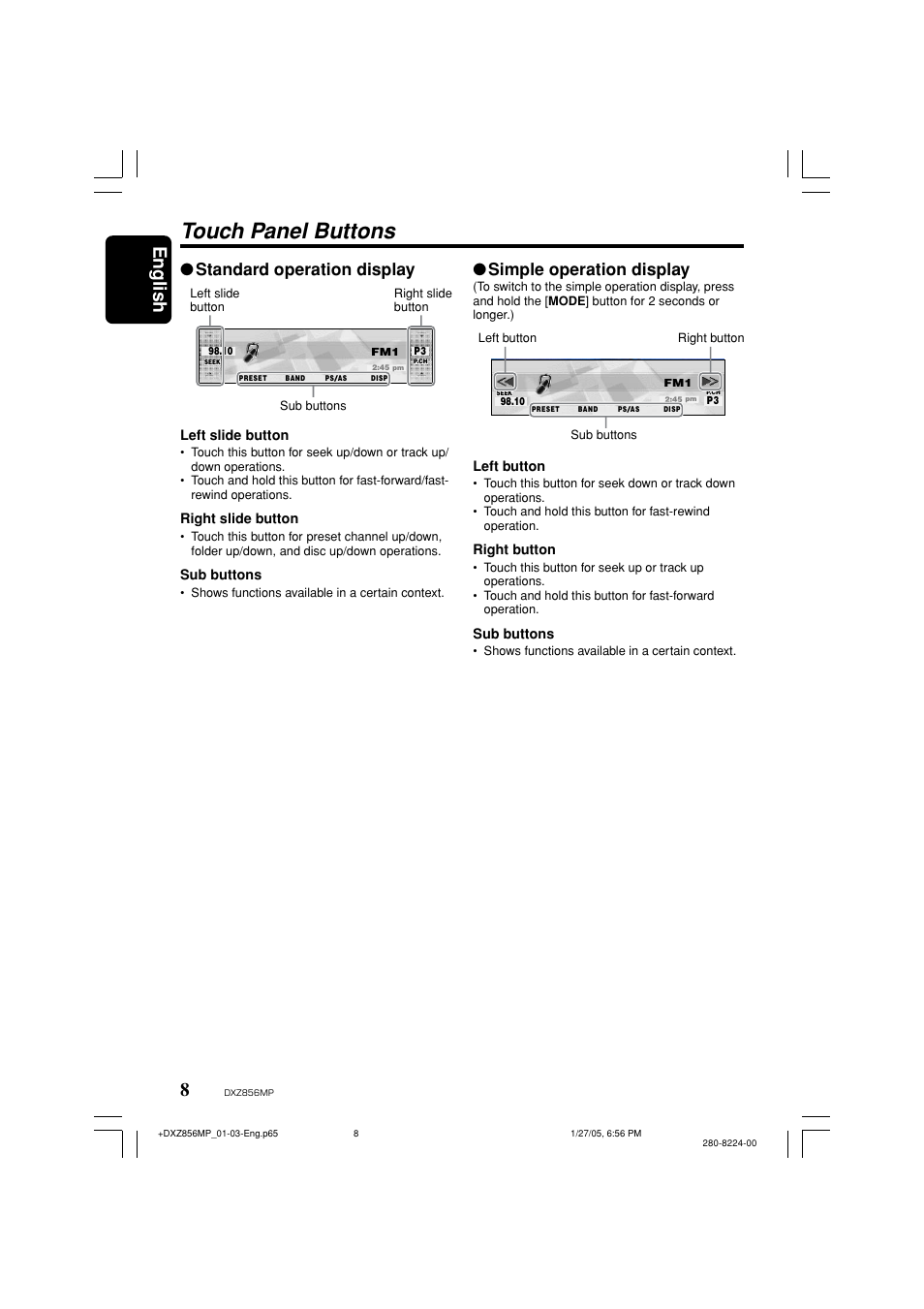 Touch panel buttons, English, Standard operation display | Simple operation display | Clarion DXZ856MP User Manual | Page 8 / 46