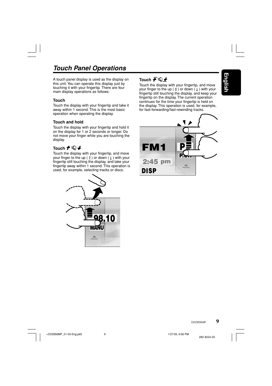 Touch panel operations, Disp, Manu | Clarion DXZ856MP User Manual | Page 9 / 46