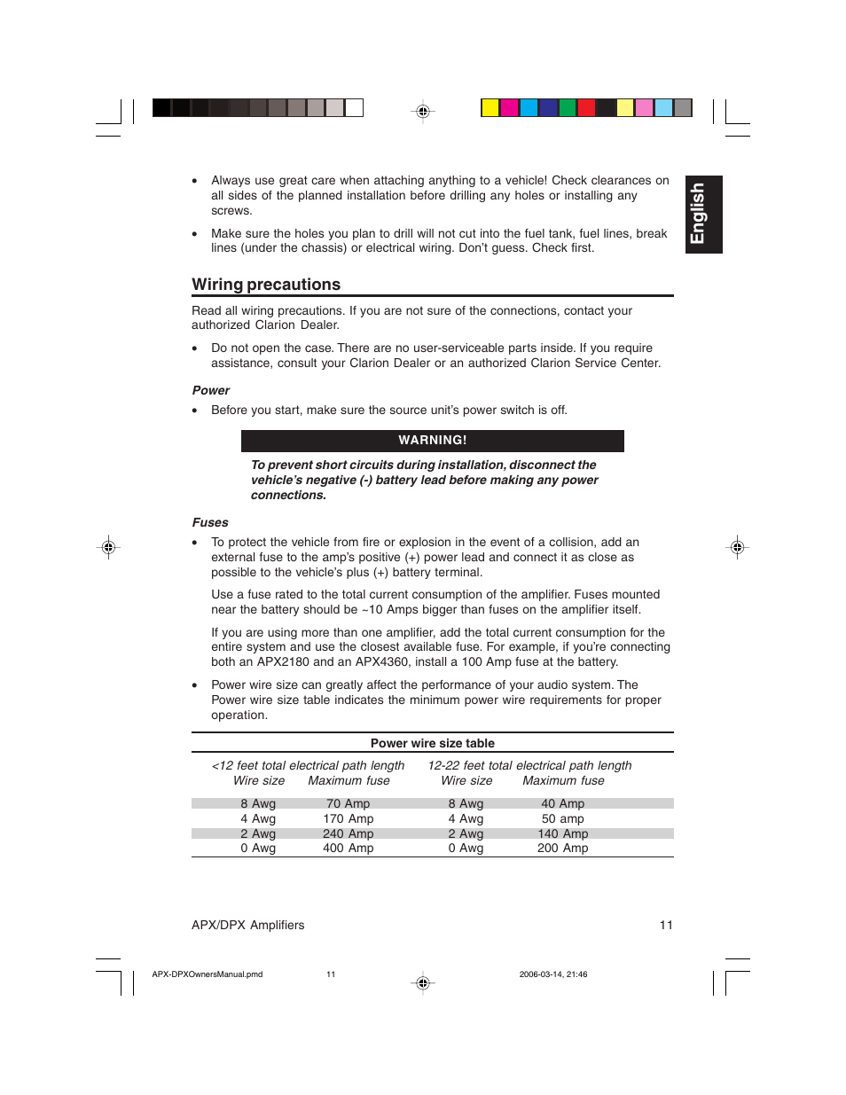 English, Wiring precautions | Clarion DPX2250 User Manual | Page 11 / 28