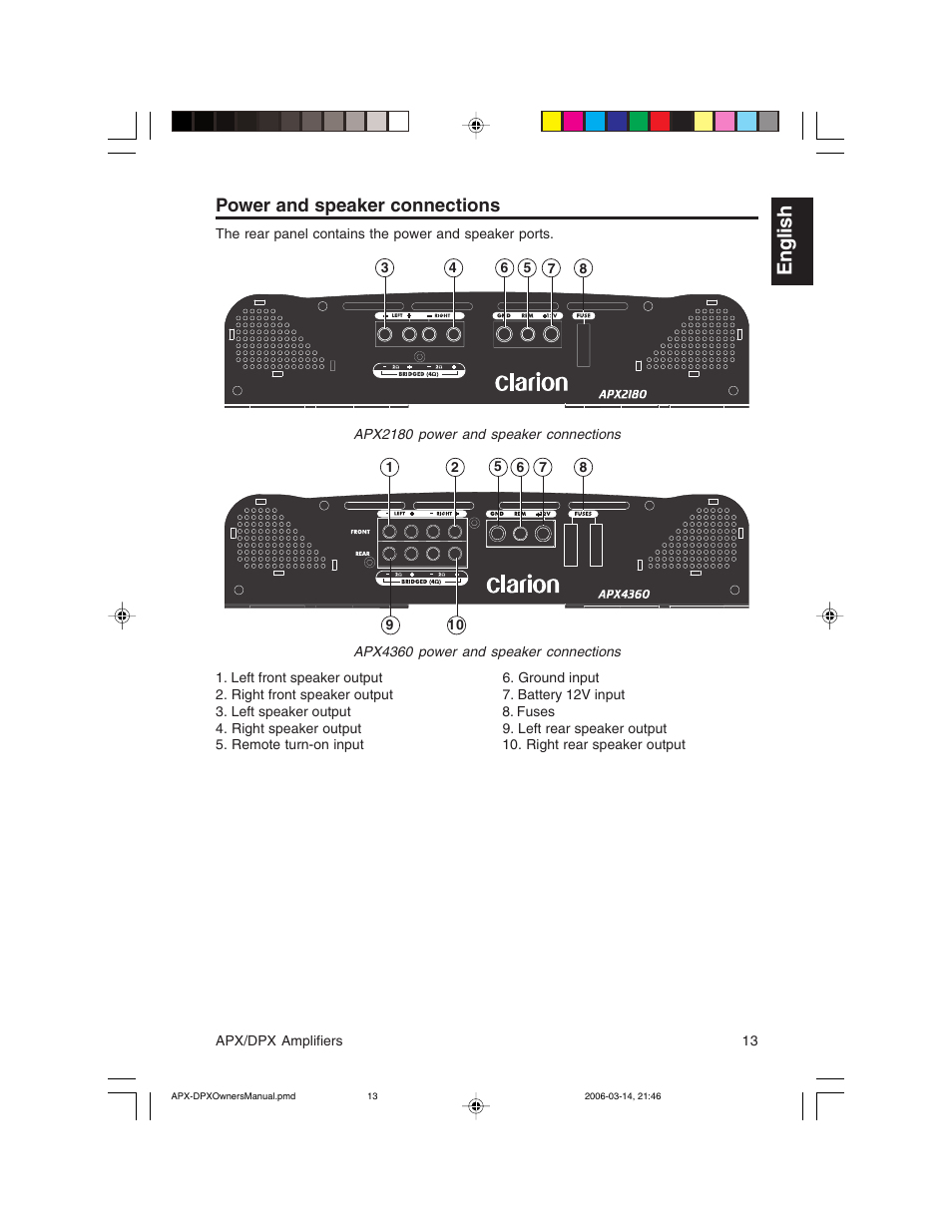 English, Power and speaker connections | Clarion DPX2250 User Manual | Page 13 / 28