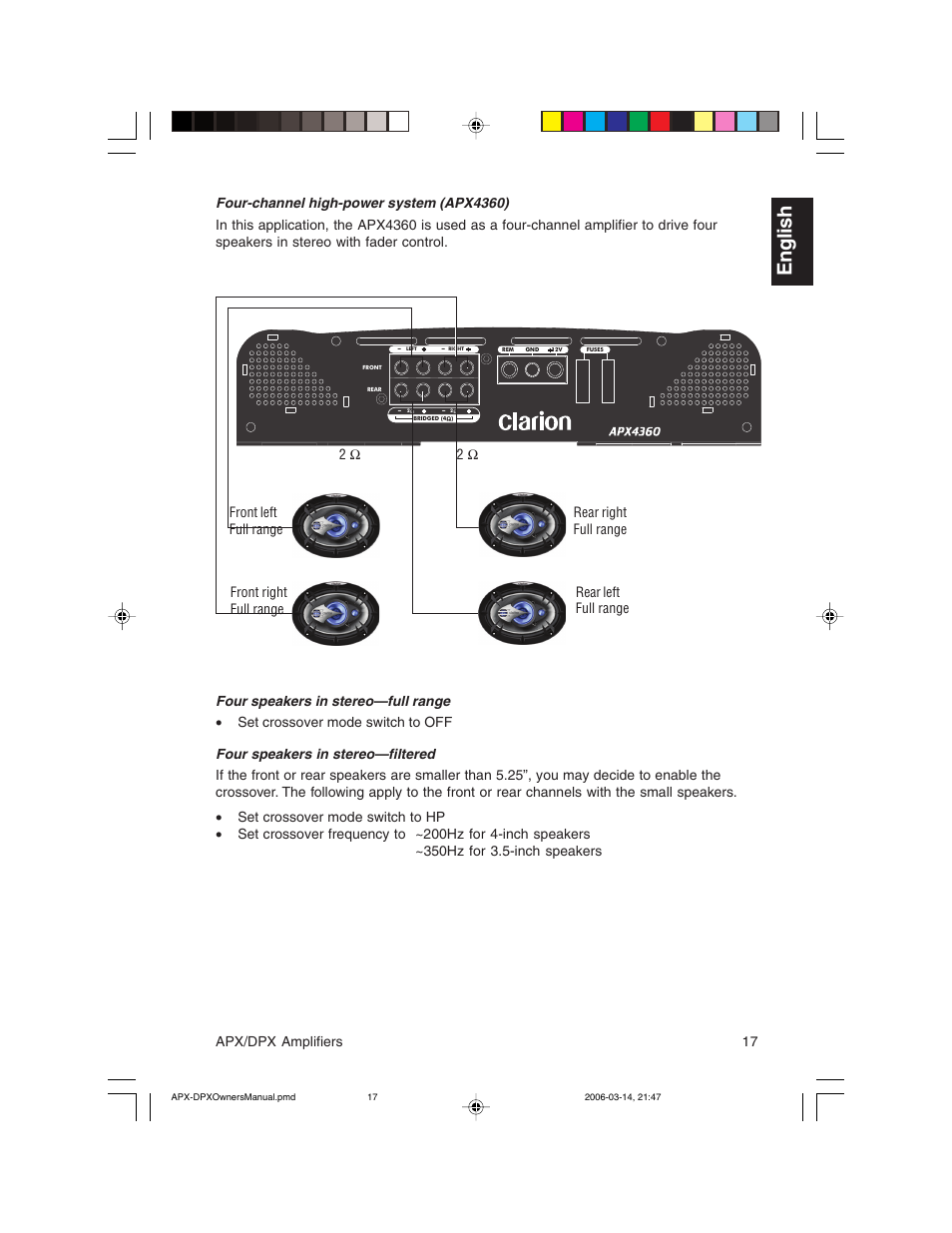 English, Apx/dpx amplifiers 17 | Clarion DPX2250 User Manual | Page 17 / 28