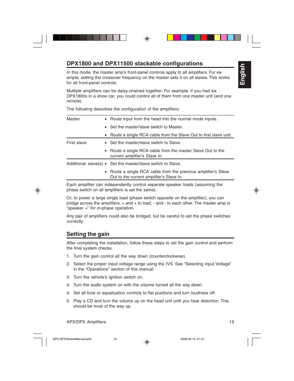 English, Setting the gain | Clarion DPX2250 User Manual | Page 19 / 28