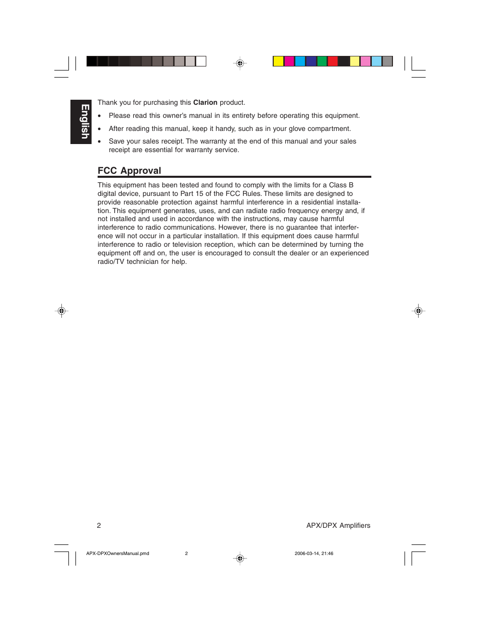 English, Fcc approval | Clarion DPX2250 User Manual | Page 2 / 28