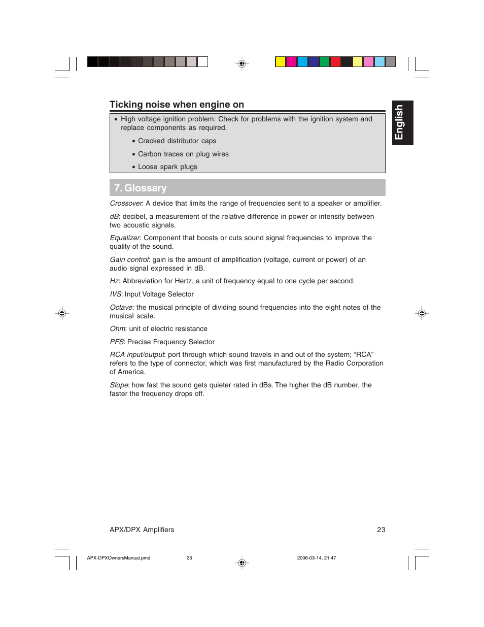 English, Glossary, Ticking noise when engine on | Clarion DPX2250 User Manual | Page 23 / 28