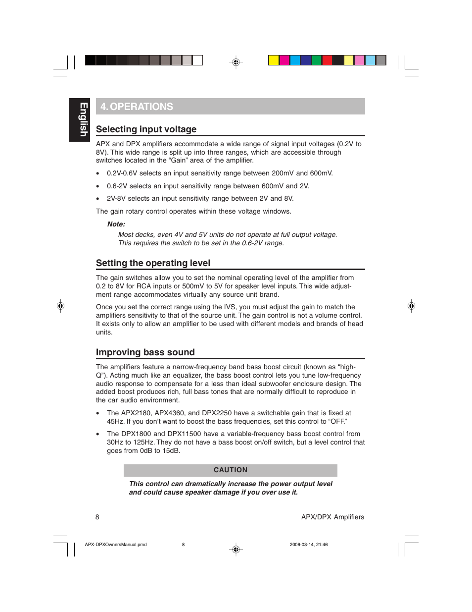 English 4. operations, Selecting input voltage, Setting the operating level | Improving bass sound | Clarion DPX2250 User Manual | Page 8 / 28