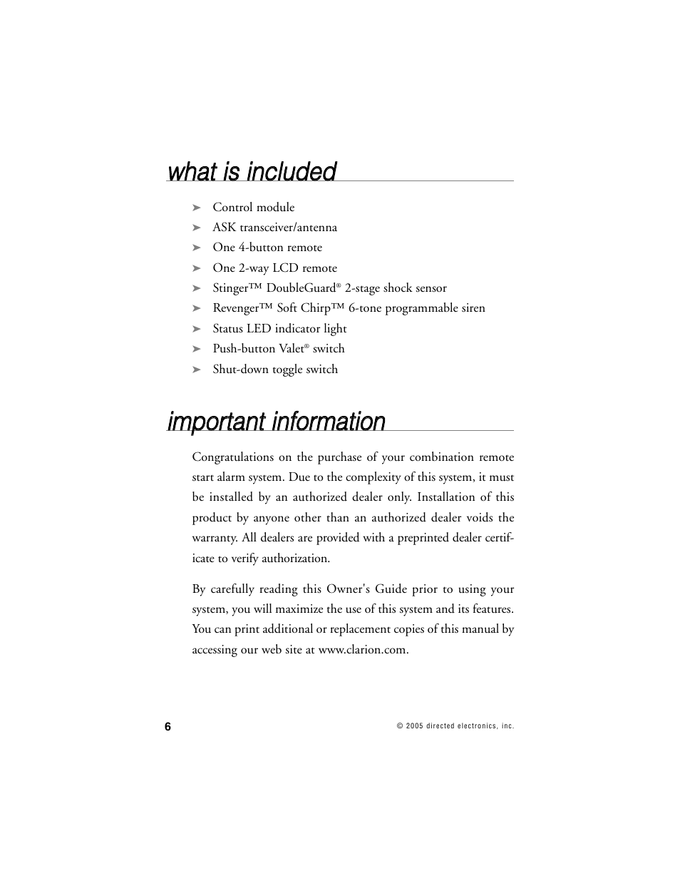 Wwh ha att iiss iin nc cllu ud de ed d | Clarion SR6000 User Manual | Page 9 / 57
