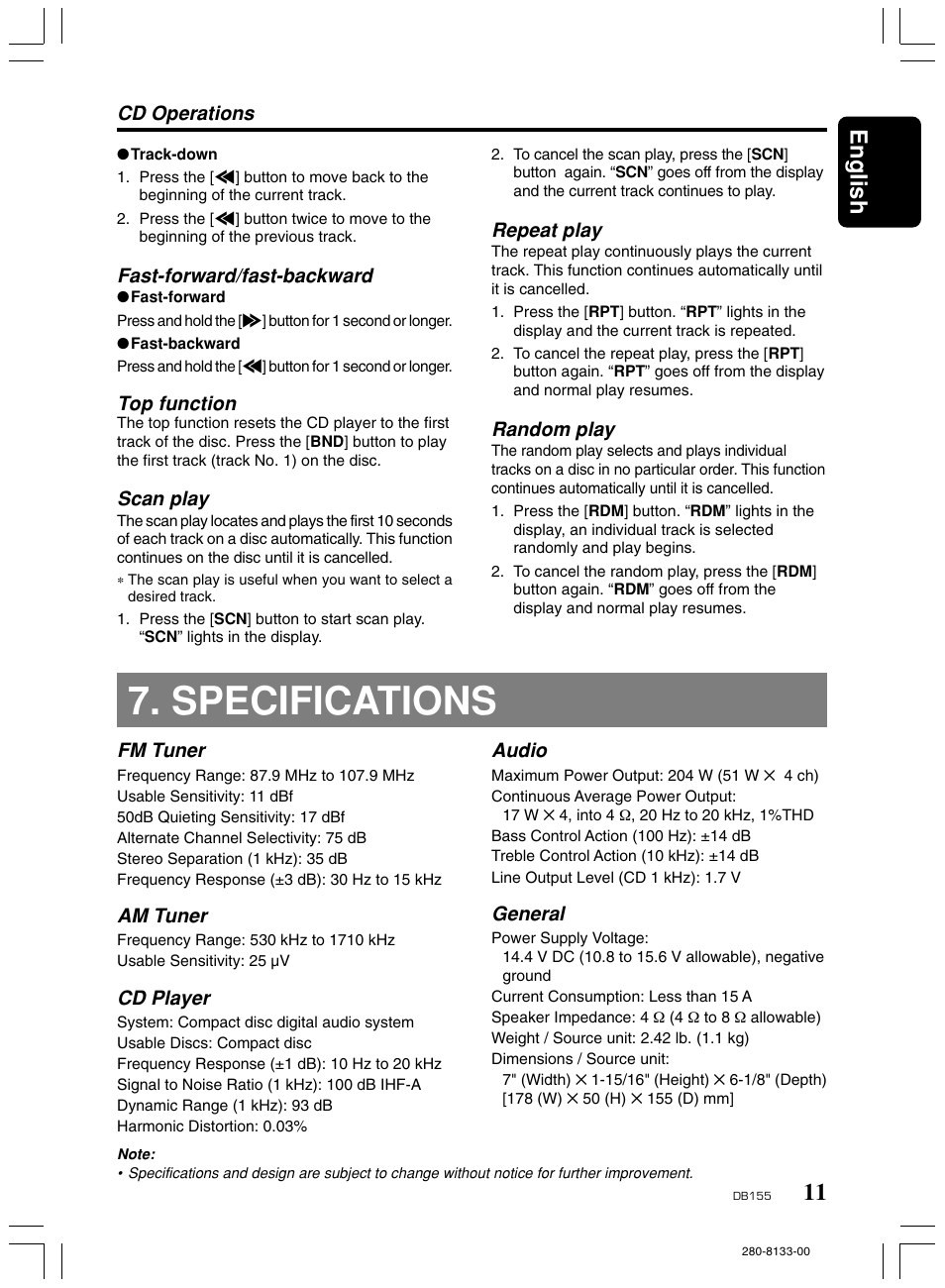 Specifications, 11 english, Fast-forward/fast-backward | Top function, Scan play, Cd operations, Repeat play, Random play, Fm tuner, Am tuner | Clarion DB155 User Manual | Page 10 / 12