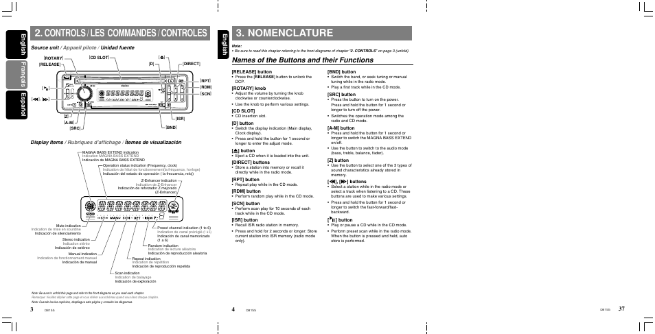 Controls, Nomenclature, Names of the buttons and their functions | English français español english, Español | Clarion DB155 User Manual | Page 3 / 12