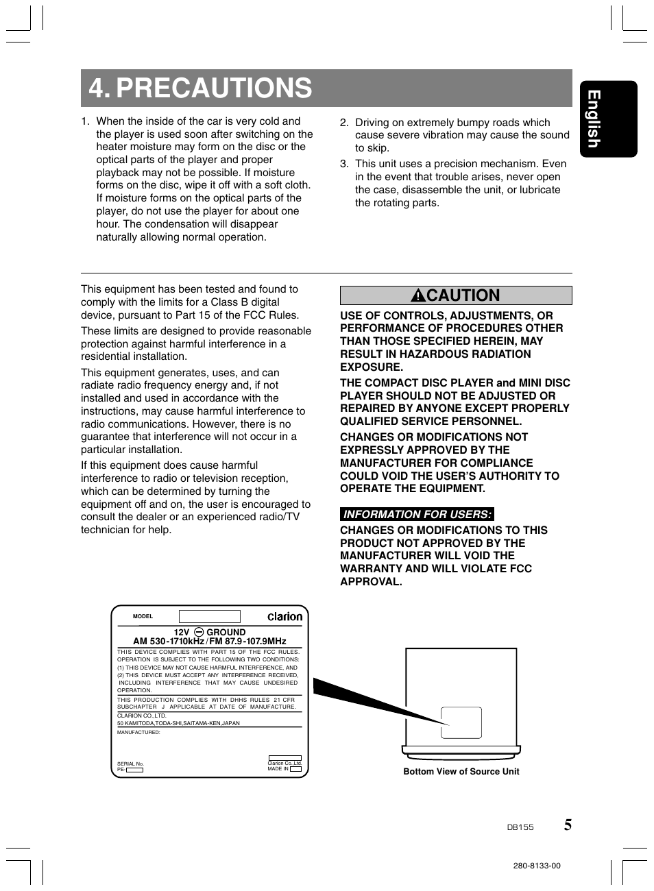 Precautions, 5english, Caution | Clarion DB155 User Manual | Page 4 / 12